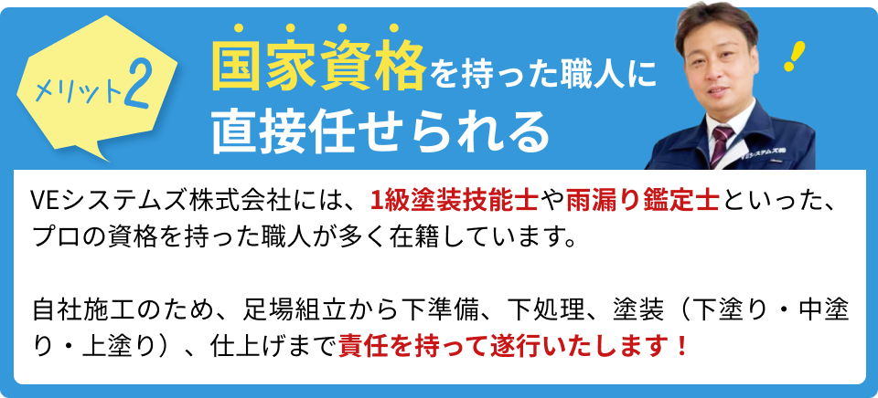 国家資格を持った職人に直接任せられる。VEシステムズ株式会社には、1級塗装技能士や雨漏り鑑定士といった、プロの資格を持った職人が多く在籍しています。自社施工のため、足場組立から下準備、下処理、塗装(下塗り・中塗り・上塗り)、仕上げまで責任を持って遂行いたします!